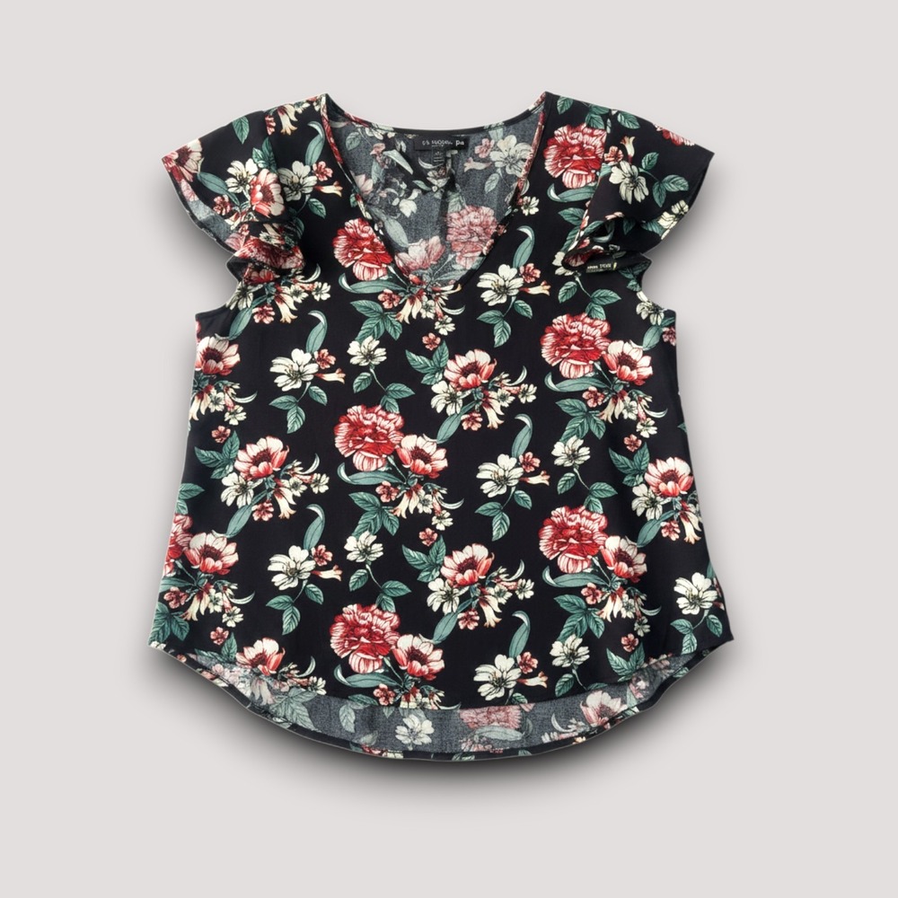 Charmed by Eve Blouse Womens 1X Black Floral  Ruffle Flutter Sleeve Feminine